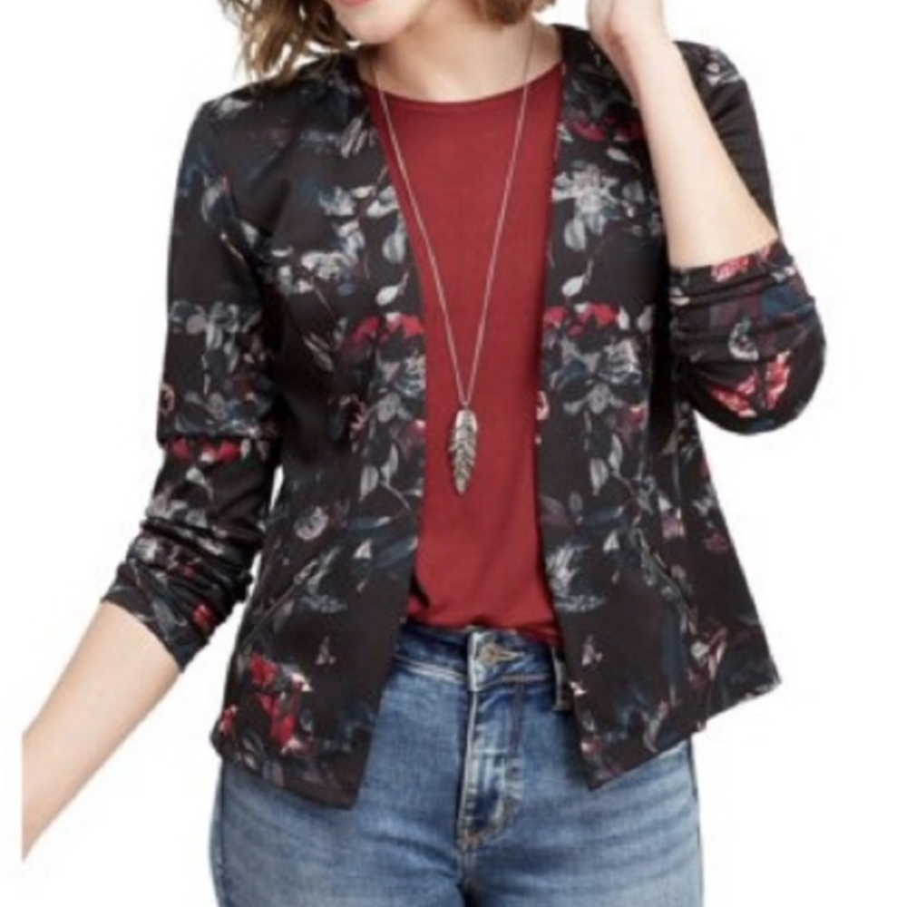 Maurices Black Floral Long Sleeve Blazer Jacket with Zipper Pockets - Size Small